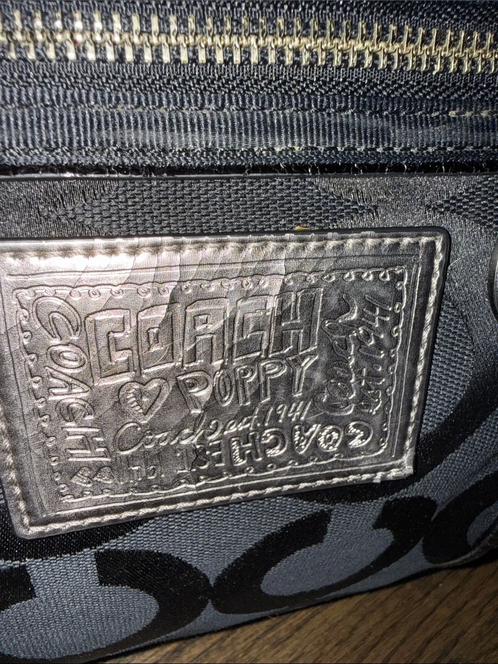 Coach POPPY Black Signature Tote with Pink Sequin Butterfly Charm